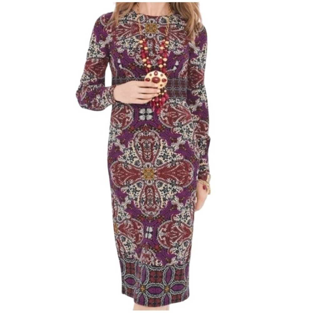 Chico's Sheath Dress Women's Medium Size 8/10 Medallion Print Long Sleeve Multi